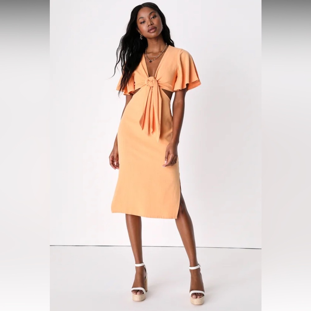 NWT Summer Journey Light Orange Tie-Front Cutout Midi Dress - Size M - Lulus